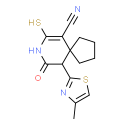 ChemSpider 2D Image | 10-(4-Methyl-1,3-thiazol-2-yl)-9-oxo-7-sulfanyl-8-azaspiro[4.5]dec-6-ene-6-carbonitrile | C14H15N3OS2