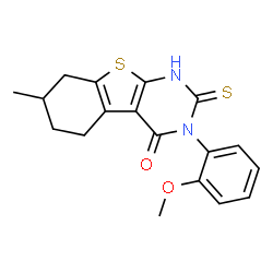 ChemSpider 2D Image | 3-(2-Methoxyphenyl)-7-methyl-2-thioxo-2,3,5,6,7,8-hexahydro[1]benzothieno[2,3-d]pyrimidin-4(1H)-one | C18H18N2O2S2