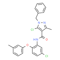 ChemSpider 2D Image | 1-Benzyl-5-chloro-N-[5-chloro-2-(3-methylphenoxy)phenyl]-3-methyl-1H-pyrazole-4-carboxamide | C25H21Cl2N3O2