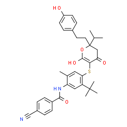 ChemSpider 2D Image | N-[5-tert-butyl-4-({6-hydroxy-2-[2-(4-hydroxyphenyl)ethyl]-4-oxo-2-(propan-2-yl)-3,4-dihydro-2H-pyran-5-yl}sulfanyl)-2-methylphenyl]-4-cyanobenzamide | C35H38N2O5S
