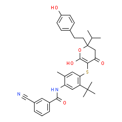 ChemSpider 2D Image | N-[5-tert-butyl-4-({6-hydroxy-2-[2-(4-hydroxyphenyl)ethyl]-4-oxo-2-(propan-2-yl)-3,4-dihydro-2H-pyran-5-yl}sulfanyl)-2-methylphenyl]-3-cyanobenzamide | C35H38N2O5S