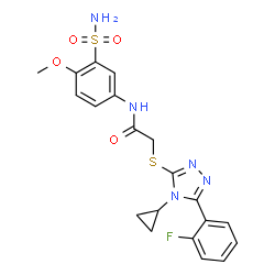 ChemSpider 2D Image | 2-{[4-Cyclopropyl-5-(2-fluorophenyl)-4H-1,2,4-triazol-3-yl]sulfanyl}-N-(4-methoxy-3-sulfamoylphenyl)acetamide | C20H20FN5O4S2
