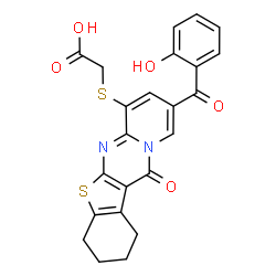 ChemSpider 2D Image | {[9-(2-Hydroxybenzoyl)-12-oxo-1,2,3,4-tetrahydro-12H-[1]benzothieno[2,3-d]pyrido[1,2-a]pyrimidin-7-yl]sulfanyl}acetic acid | C23H18N2O5S2