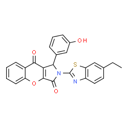 ChemSpider 2D Image | 2-(6-Ethyl-1,3-benzothiazol-2-yl)-1-(3-hydroxyphenyl)-1,2-dihydrochromeno[2,3-c]pyrrole-3,9-dione | C26H18N2O4S