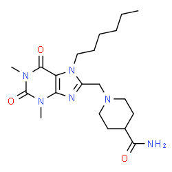 ChemSpider 2D Image | 1-[(7-Hexyl-1,3-dimethyl-2,6-dioxo-2,3,6,7-tetrahydro-1H-purin-8-yl)methyl]-4-piperidinecarboxamide | C20H32N6O3
