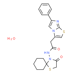 ChemSpider 2D Image | N-(3-Oxo-1-thia-4-azaspiro[4.5]dec-4-yl)-2-(6-phenylimidazo[2,1-b][1,3]thiazol-3-yl)acetamide hydrate (1:1) | C21H24N4O3S2