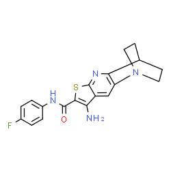 ChemSpider 2D Image | 5-Amino-N-(4-fluorophenyl)-7-thia-1,9-diazatetracyclo[9.2.2.0~2,10~.0~4,8~]pentadeca-2(10),3,5,8-tetraene-6-carboxamide | C19H17FN4OS