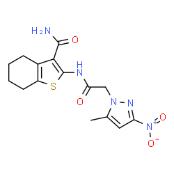 ChemSpider 2D Image | 2-{[(5-Methyl-3-nitro-1H-pyrazol-1-yl)acetyl]amino}-4,5,6,7-tetrahydro-1-benzothiophene-3-carboxamide | C15H17N5O4S
