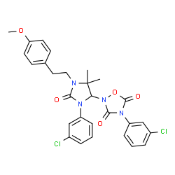 ChemSpider 2D Image | 4-(3-Chlorophenyl)-2-{3-(3-chlorophenyl)-1-[2-(4-methoxyphenyl)ethyl]-5,5-dimethyl-2-oxo-4-imidazolidinyl}-1,2,4-oxadiazolidine-3,5-dione | C28H26Cl2N4O5