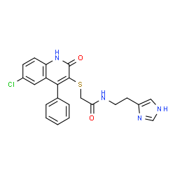 ChemSpider 2D Image | 2-[(6-chloro-2-oxo-4-phenyl-1,2-dihydroquinolin-3-yl)thio]-N-[2-(1H-imidazol-4-yl)ethyl]acetamide | C22H19ClN4O2S