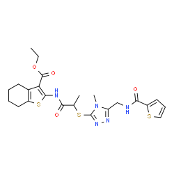 ChemSpider 2D Image | Ethyl 2-({2-[(4-methyl-5-{[(2-thienylcarbonyl)amino]methyl}-4H-1,2,4-triazol-3-yl)sulfanyl]propanoyl}amino)-4,5,6,7-tetrahydro-1-benzothiophene-3-carboxylate | C23H27N5O4S3