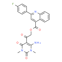 ChemSpider 2D Image | 2-(6-Amino-1,3-dimethyl-2,4-dioxo-1,2,3,4-tetrahydro-5-pyrimidinyl)-2-oxoethyl 2-(4-fluorophenyl)-4-quinolinecarboxylate | C24H19FN4O5