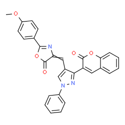 ChemSpider 2D Image | 2-(4-Methoxyphenyl)-4-{[3-(2-oxo-2H-chromen-3-yl)-1-phenyl-1H-pyrazol-4-yl]methylene}-1,3-oxazol-5(4H)-one | C29H19N3O5
