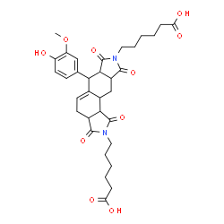 ChemSpider 2D Image | 6,6'-[6-(4-Hydroxy-3-methoxyphenyl)-1,3,7,9-tetraoxo-1,3,3a,4,6,6a,7,9,9a,10,10a,10b-dodecahydroisoindolo[5,6-e]isoindole-2,8-diyl]dihexanoic acid | C33H40N2O10