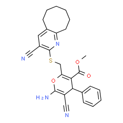ChemSpider 2D Image | Methyl 6-amino-5-cyano-2-{[(3-cyano-5,6,7,8,9,10-hexahydrocycloocta[b]pyridin-2-yl)sulfanyl]methyl}-4-phenyl-4H-pyran-3-carboxylate | C27H26N4O3S