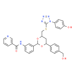 ChemSpider 2D Image | N-(3-{4-[4-(Hydroxymethyl)phenyl]-6-({[1-(4-hydroxyphenyl)-1H-tetrazol-5-yl]sulfanyl}methyl)-1,3-dioxan-2-yl}phenyl)nicotinamide | C31H28N6O5S