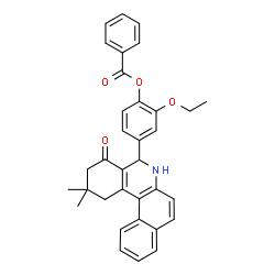 ChemSpider 2D Image | 4-(2,2-Dimethyl-4-oxo-1,2,3,4,5,6-hexahydrobenzo[a]phenanthridin-5-yl)-2-ethoxyphenyl benzoate | C34H31NO4