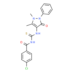 ChemSpider 2D Image | 4-Chloro-N-[(1,5-dimethyl-3-oxo-2-phenyl-2,3-dihydro-1H-pyrazol-4-yl)carbamothioyl]benzamide | C19H17ClN4O2S