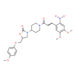ChemSpider 2D Image | 3-{1-[3-(4,5-Dimethoxy-2-nitrophenyl)acryloyl]-4-piperidinyl}-5-[(4-methoxyphenoxy)methyl]-1,3-oxazolidin-2-one | C27H31N3O9