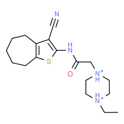 ChemSpider 2D Image | 1-{2-[(3-Cyano-5,6,7,8-tetrahydro-4H-cyclohepta[b]thiophen-2-yl)amino]-2-oxoethyl}-4-ethylpiperazinediium | C18H28N4OS
