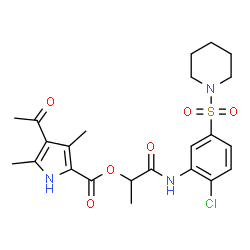 ChemSpider 2D Image | 1-{[2-Chloro-5-(1-piperidinylsulfonyl)phenyl]amino}-1-oxo-2-propanyl 4-acetyl-3,5-dimethyl-1H-pyrrole-2-carboxylate | C23H28ClN3O6S