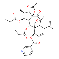 ChemSpider 2D Image | (2R,4S,5S,7R,14R)-7-Acetoxy-11-isopropenyl-5,9-dimethyl-8-oxo-2,4-bis(propionyloxy)-16-oxatetracyclo[7.5.2.0~1,10~.0~3,7~]hexadec-12-en-14-yl nicotinate | C34H41NO10