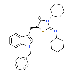 ChemSpider 2D Image | (2Z)-5-[(1-Benzyl-1H-indol-3-yl)methylene]-3-cyclohexyl-2-(cyclohexylimino)-1,3-thiazolidin-4-one | C31H35N3OS