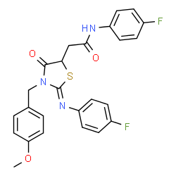 ChemSpider 2D Image | N-(4-Fluorophenyl)-2-[(2Z)-2-[(4-fluorophenyl)imino]-3-(4-methoxybenzyl)-4-oxo-1,3-thiazolidin-5-yl]acetamide | C25H21F2N3O3S