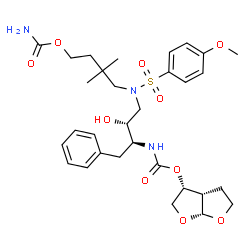 ChemSpider 2D Image | (3R,3aS,6aR)-Hexahydrofuro[2,3-b]furan-3-yl [(2S,3R)-4-{[4-(carbamoyloxy)-2,2-dimethylbutyl][(4-methoxyphenyl)sulfonyl]amino}-3-hydroxy-1-phenyl-2-butanyl]carbamate | C31H43N3O10S
