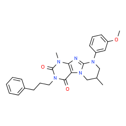 ChemSpider 2D Image | 9-(3-Methoxyphenyl)-1,7-dimethyl-3-(3-phenylpropyl)-6,7,8,9-tetrahydropyrimido[2,1-f]purine-2,4(1H,3H)-dione | C26H29N5O3