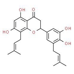 ChemSpider 2D Image | 2-[3,4-Dihydroxy-5-(3-methyl-2-buten-1-yl)phenyl]-5,7-dihydroxy-8-(3-methyl-2-buten-1-yl)-2,3-dihydro-4H-chromen-4-one | C25H28O6