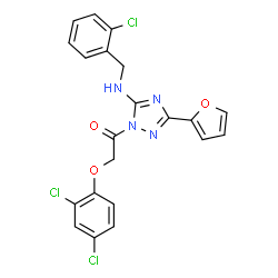 ChemSpider 2D Image | 1-{5-[(2-Chlorobenzyl)amino]-3-(2-furyl)-1H-1,2,4-triazol-1-yl}-2-(2,4-dichlorophenoxy)ethanone | C21H15Cl3N4O3