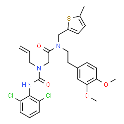 ChemSpider 2D Image | N~2~-Allyl-N~2~-[(2,6-dichlorophenyl)carbamoyl]-N-[2-(3,4-dimethoxyphenyl)ethyl]-N-[(5-methyl-2-thienyl)methyl]glycinamide | C28H31Cl2N3O4S