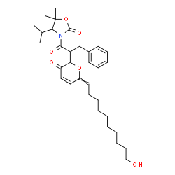 ChemSpider 2D Image | 3-{2-[6-(10-Hydroxydecylidene)-3-oxo-3,6-dihydro-2H-pyran-2-yl]-3-phenylpropanoyl}-4-isopropyl-5,5-dimethyl-1,3-oxazolidin-2-one | C32H45NO6