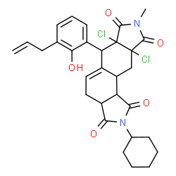 ChemSpider 2D Image | 6-(3-Allyl-2-hydroxyphenyl)-6a,9a-dichloro-2-cyclohexyl-8-methyl-3a,4,6,6a,9a,10,10a,10b-octahydroisoindolo[5,6-e]isoindole-1,3,7,9(2H,8H)-tetrone | C30H32Cl2N2O5