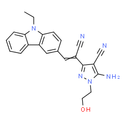ChemSpider 2D Image | 5-Amino-3-[1-cyano-2-(9-ethyl-9H-carbazol-3-yl)vinyl]-1-(2-hydroxyethyl)-1H-pyrazole-4-carbonitrile | C23H20N6O