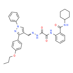 ChemSpider 2D Image | N-Cyclohexyl-2-{[oxo(2-{[1-phenyl-3-(4-propoxyphenyl)-1H-pyrazol-4-yl]methylene}hydrazino)acetyl]amino}benzamide | C34H36N6O4
