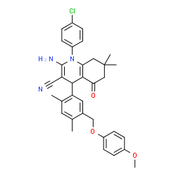 ChemSpider 2D Image | 2-Amino-1-(4-chlorophenyl)-4-{5-[(4-methoxyphenoxy)methyl]-2,4-dimethylphenyl}-7,7-dimethyl-5-oxo-1,4,5,6,7,8-hexahydro-3-quinolinecarbonitrile | C34H34ClN3O3