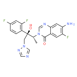 ChemSpider 2D Image | 7-Amino-3-[(2R,3R)-3-(2,4-difluorophenyl)-3-hydroxy-4-(1H-1,2,4-triazol-1-yl)-2-butanyl]-6-fluoro-4(3H)-quinazolinone | C20H17F3N6O2
