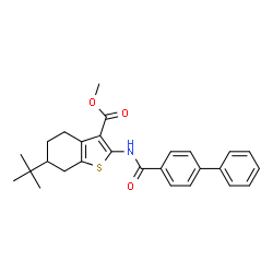 ChemSpider 2D Image | Methyl 2-[(biphenyl-4-ylcarbonyl)amino]-6-tert-butyl-4,5,6,7-tetrahydro-1-benzothiophene-3-carboxylate | C27H29NO3S