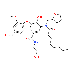 ChemSpider 2D Image | 4-Hydroxy-N-(2-hydroxyethyl)-8-(hydroxymethyl)-6-methoxy-3-[octanoyl(tetrahydro-2-furanylmethyl)amino]-3,4,4a,9b-tetrahydrodibenzo[b,d]furan-1-carboxamide | C30H44N2O8