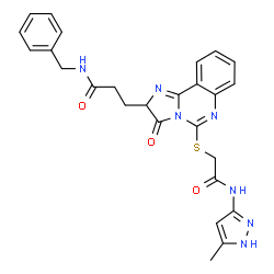 ChemSpider 2D Image | N-Benzyl-3-[5-({2-[(5-methyl-1H-pyrazol-3-yl)amino]-2-oxoethyl}sulfanyl)-3-oxo-2,3-dihydroimidazo[1,2-c]quinazolin-2-yl]propanamide | C26H25N7O3S