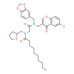 ChemSpider 2D Image | N-(2-{(1,3-Benzodioxol-5-ylmethyl)[(6-chloro-4-oxo-4H-chromen-3-yl)methyl]amino}-2-oxoethyl)-N-(tetrahydro-2-furanylmethyl)decanamide | C35H43ClN2O7
