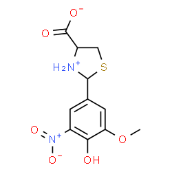 ChemSpider 2D Image | 4-thiazolidinecarboxylic acid, 2-(4-hydroxy-3-methoxy-5-nitrophenyl)- | C11H12N2O6S