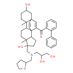 ChemSpider 2D Image | 2-Biphenylyl(5-{[(2,3-dihydroxypropyl)(tetrahydro-2-furanylmethyl)amino]methyl}-5,13-dihydroxy-6,10-dimethylpentacyclo[13.2.2.0~1,9~.0~2,6~.0~10,15~]nonadeca-16,18-dien-17-yl)methanone | C43H55NO6