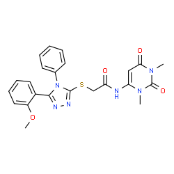 ChemSpider 2D Image | N-(1,3-Dimethyl-2,6-dioxo-1,2,3,6-tetrahydro-4-pyrimidinyl)-2-{[5-(2-methoxyphenyl)-4-phenyl-4H-1,2,4-triazol-3-yl]sulfanyl}acetamide | C23H22N6O4S