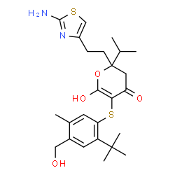 ChemSpider 2D Image | 2-[2-(2-amino-1,3-thiazol-4-yl)ethyl]-5-{[2-tert-butyl-4-(hydroxymethyl)-5-methylphenyl]sulfanyl}-6-hydroxy-2-(propan-2-yl)-2,3-dihydro-4H-pyran-4-one | C25H34N2O4S2