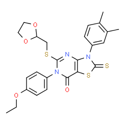 ChemSpider 2D Image | 3-(3,4-Dimethylphenyl)-5-[(1,3-dioxolan-2-ylmethyl)sulfanyl]-6-(4-ethoxyphenyl)-2-thioxo-2,3-dihydro[1,3]thiazolo[4,5-d]pyrimidin-7(6H)-one | C25H25N3O4S3