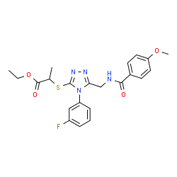 ChemSpider 2D Image | Ethyl 2-{[4-(3-fluorophenyl)-5-{[(4-methoxybenzoyl)amino]methyl}-4H-1,2,4-triazol-3-yl]sulfanyl}propanoate | C22H23FN4O4S