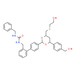 ChemSpider 2D Image | 1-Benzyl-3-{[4'-(4-{[(2-hydroxyethyl)sulfanyl]methyl}-6-[4-(hydroxymethyl)phenyl]-1,3-dioxan-2-yl)-2-biphenylyl]methyl}urea | C35H38N2O5S